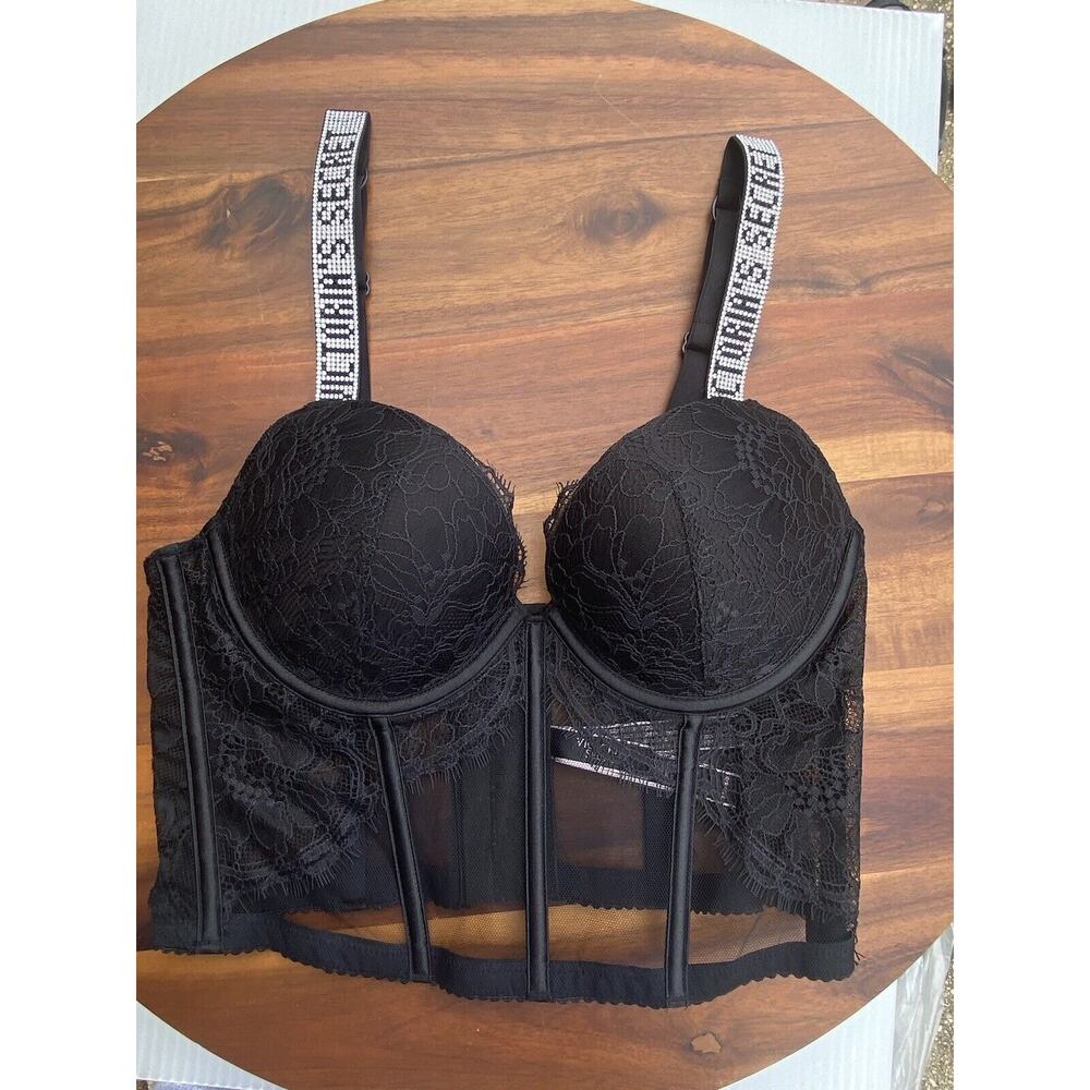 Victoria Secret Corset Bra Top 34B Very Sexy Push Up Black Lace Shine Strap